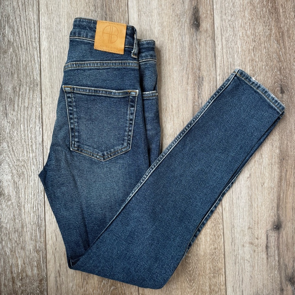 Anine Bing High Rise Slim Straight Jeans Sz 24 Blue Wash Gavin Style Minimalist